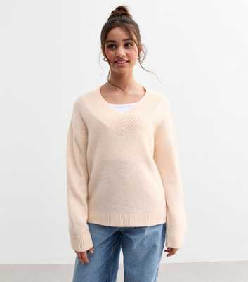 Girls Off White Ribbed Trim Knitted V Neck Jumper