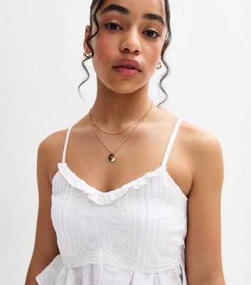 Girls White Pintuck Frill Trim Baby Doll Top | New Look