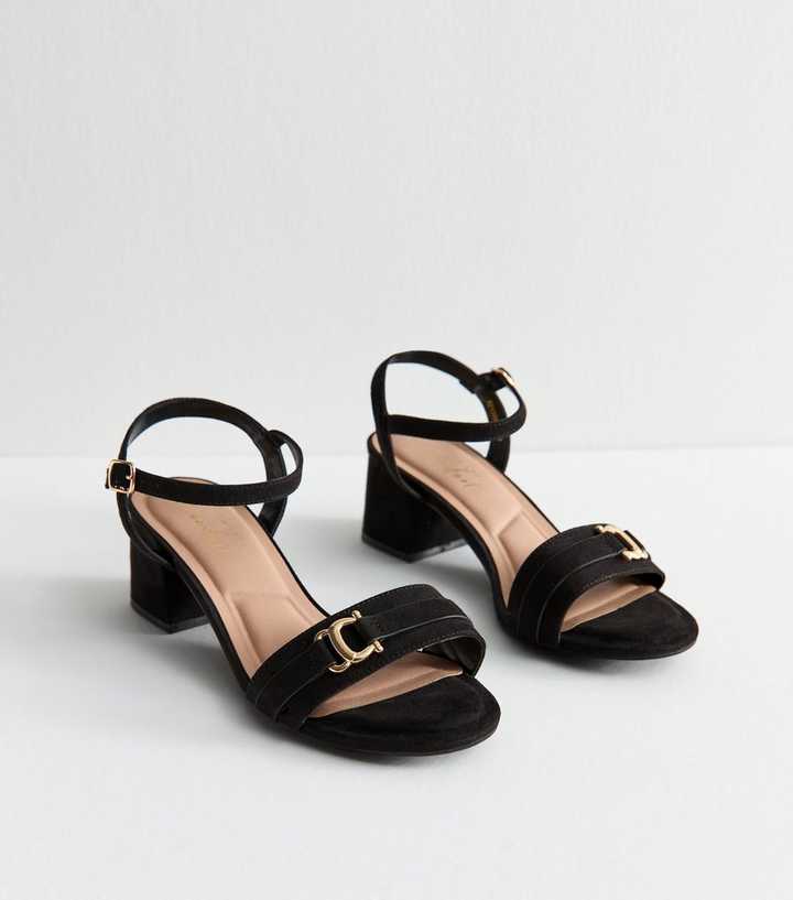 Wide Fit Black Faux Suede Buckle Detail Strappy Sandals