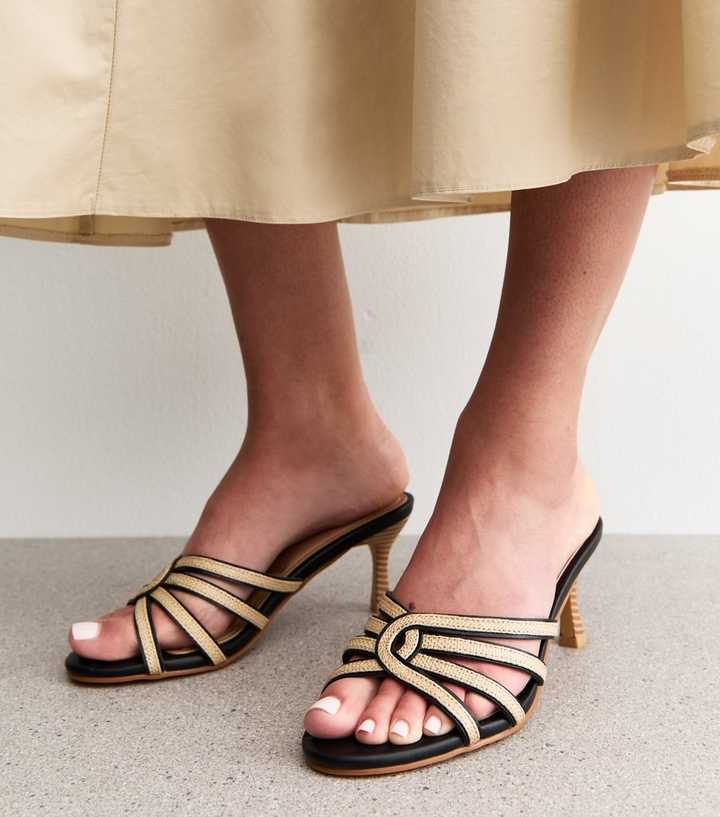 Wide Fit Black Raffia Look Kitten Heel Sandals
