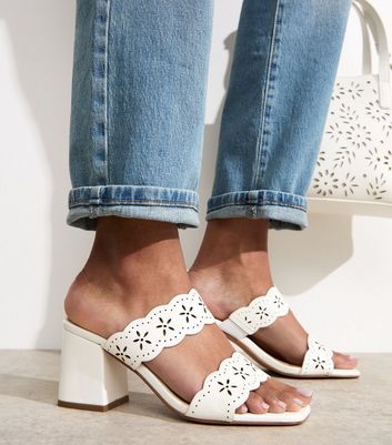 Wide Fit White Faux Leather Laser Cut Scallop Strap Mules New Look