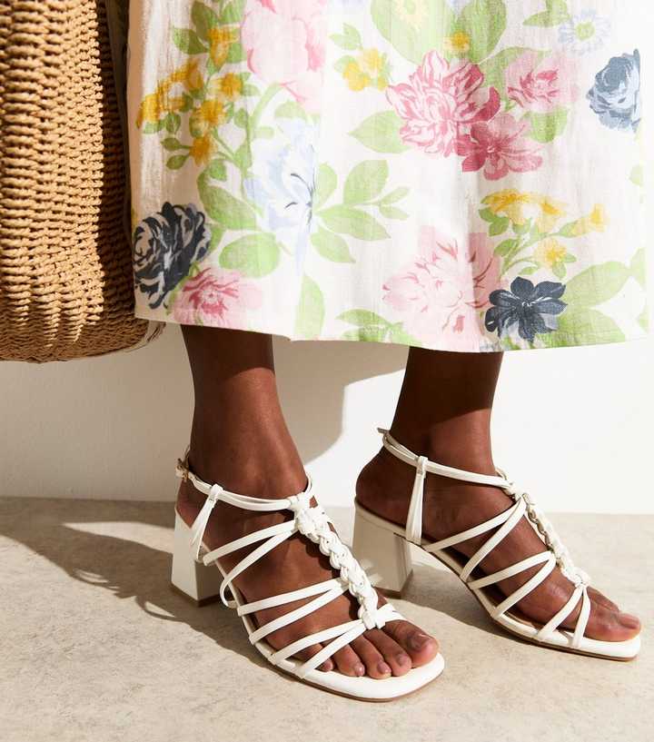 Wide Fit White Faux Leather Braided T-Bar Strappy Block Heel Sandals