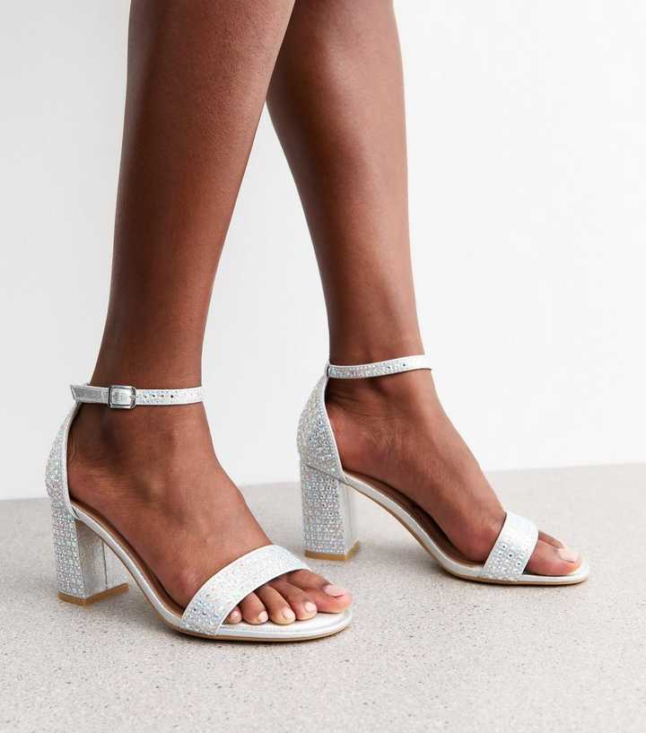 Wide Fit Silver Gem Embellished Block Heel Sandals