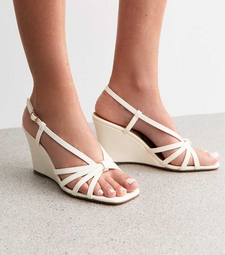 White Faux Leather Strappy Wedge Sandals