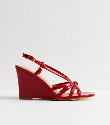 Red Faux Leather Strappy Wedge Sandals | New Look