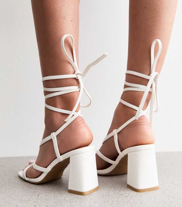 White Faux Leather Multi-Strap Wrap Around Block Heel Sandals