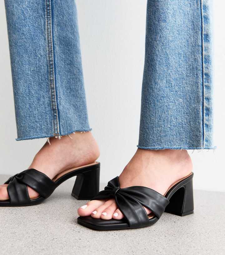 Wide Fit Black Faux Leather Knot Detail Open Toe Sandals