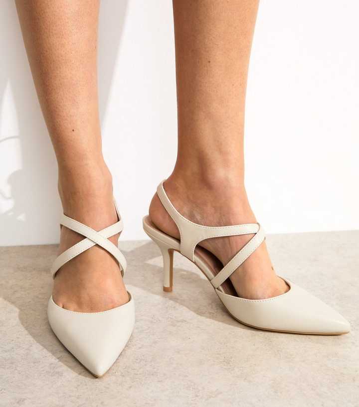 Wide Fit Off White Faux Leather Wraparound Strap Court Shoes