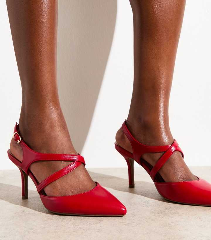 Wide Fit Red Faux Leather Crossover Strap Slingback Court Shoes
