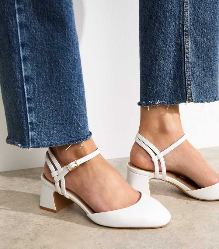 Wide Fit White Faux Leather Strap Detail Court Shoes | New Look