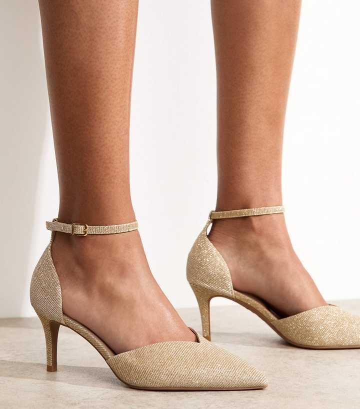 Wide Fit Gold V-Vamp Shimmer Court Shoes