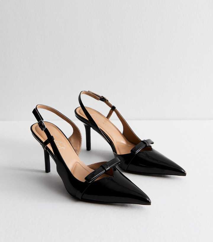 Black Faux Patent Bow Appliqued Slingback Court Shoes