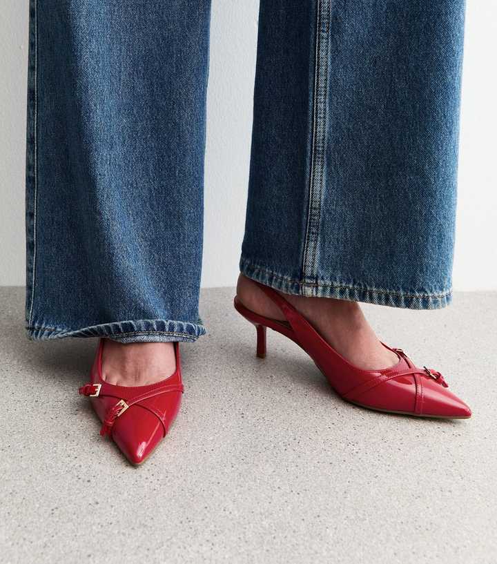 Red Buckle Detail Patent Slingback Court Shoes