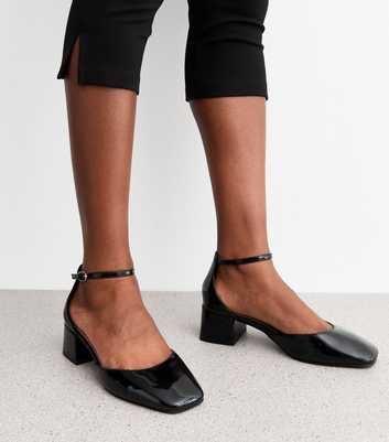 Black Faux Patent Block Heel Open Court Shoes