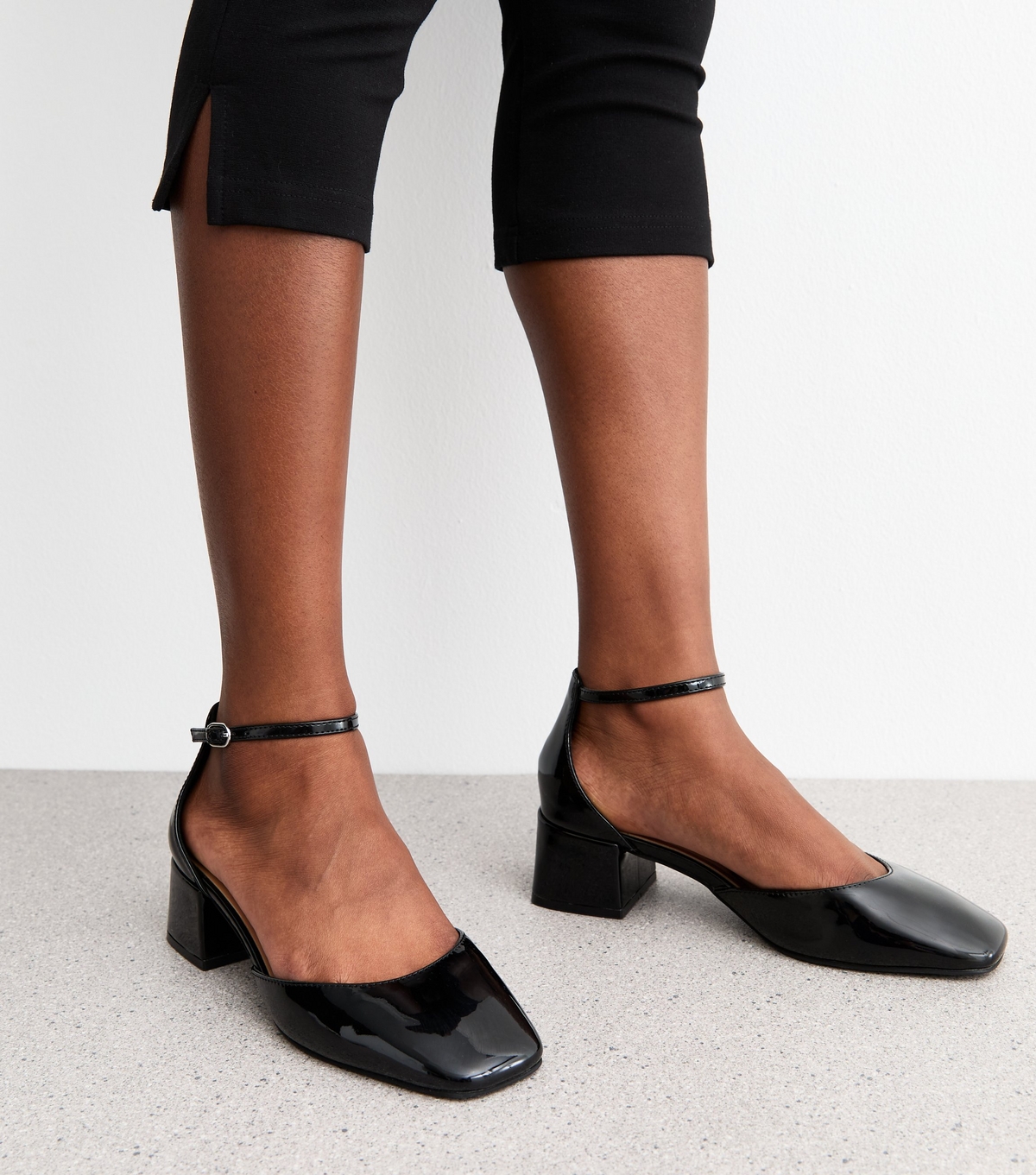 Women's Black Faux Patent Block Heel Open Court Shoes New Look