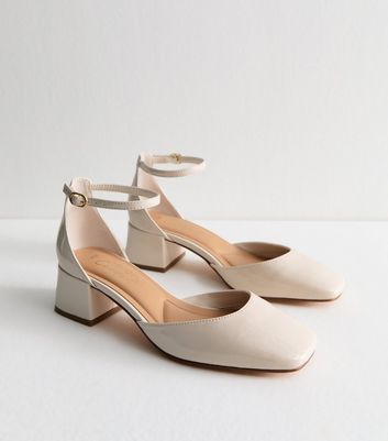 Off White Faux Patent Block Heel Open Court Shoes
