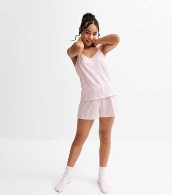 Girls Pink Striped Heart Print Cami Top and Shorts Pyjama Set