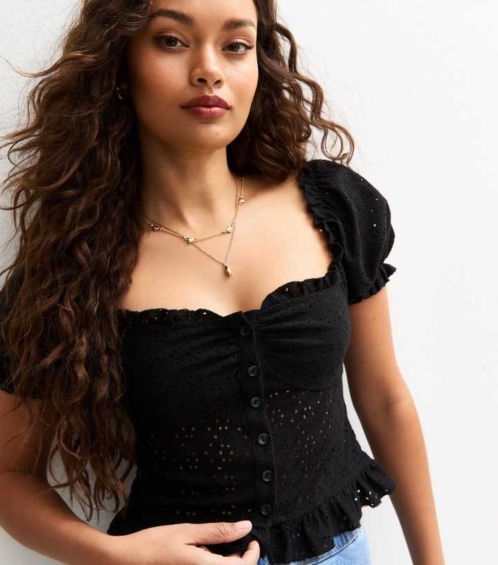 Petite Black Broderie Anglaise Jersey Puff Sleeve Top