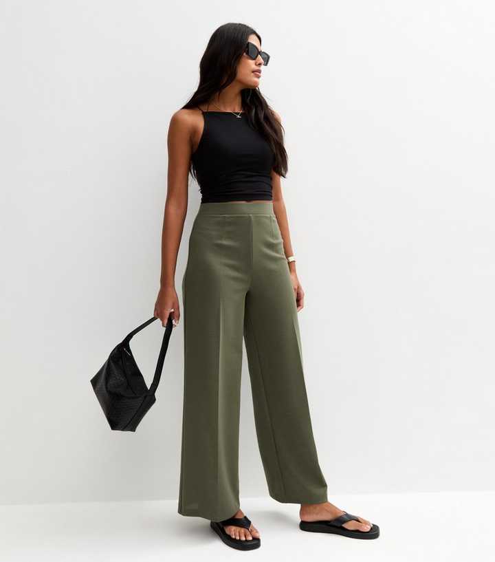 Khaki Wide Leg Pressed Crease Trousers