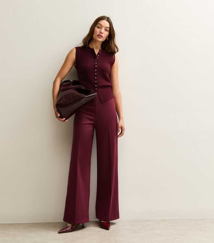 Burgundy Wide Leg Pressed Crease Trousers