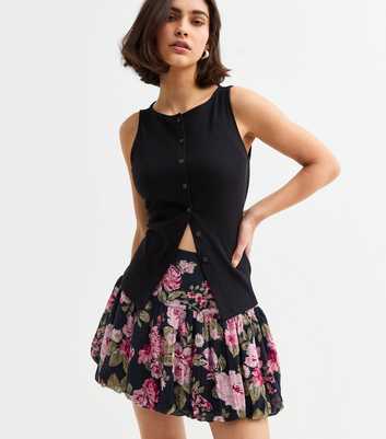 Black Floral Print Puffball Mini Skirt