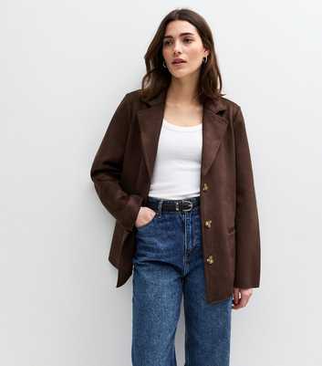 Dark Brown Faux Suede Button Up Jacket