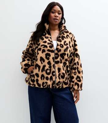 Curves Brown Leopard Print Borg Jacket