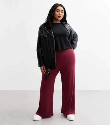 Curves Burgundy Wide Leg Ribbed Trousers