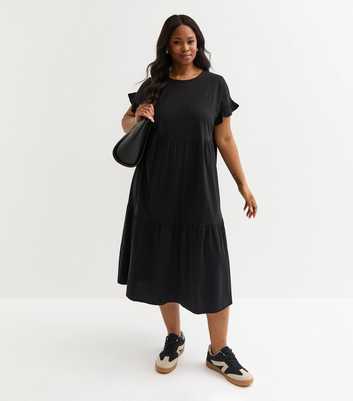 Curves Black Frilly Sleeve Tiered Midi Dress