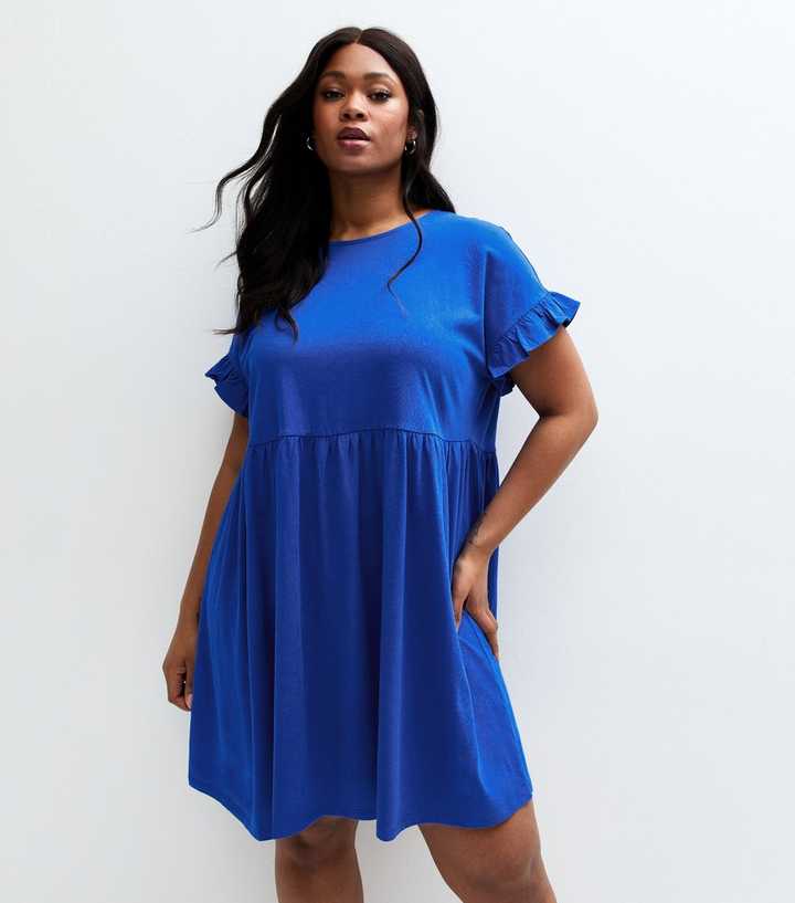 Curves Bright Blue Frilly Trimmed Mini Dress | New Look Curves Bright Blue Frilly Trimmed Mini Dress | New Look