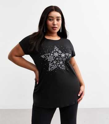 Curves Black Snowflake Star Print Cotton T-Shirt