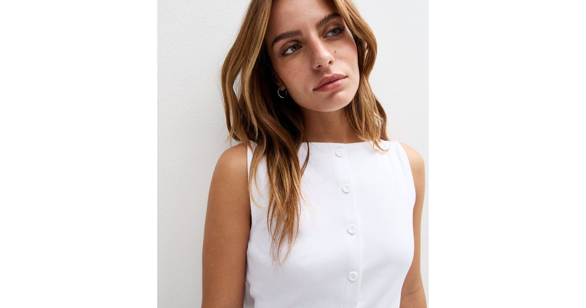 Women's Ribbed Off White Fuzzy Buttoned Vest Top