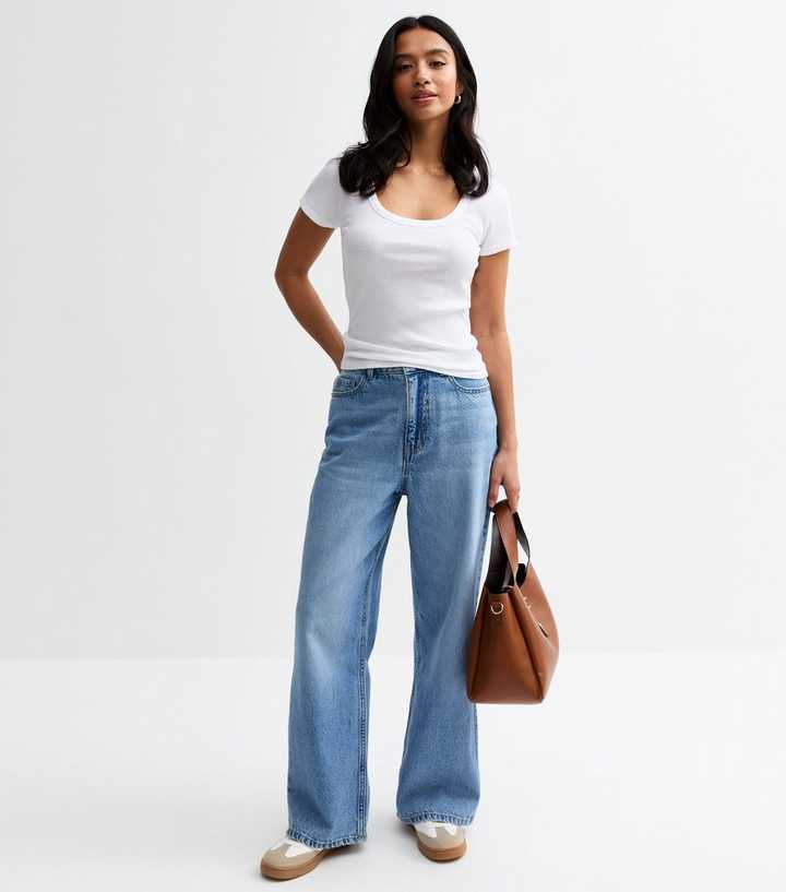 White fitted scoop-neck T-shirt with a wide rounded neckline