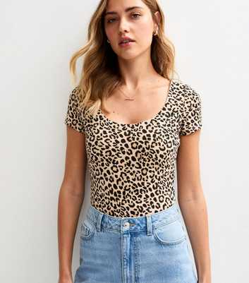 Brown Leopard Print Scoop Neck Bodysuit 