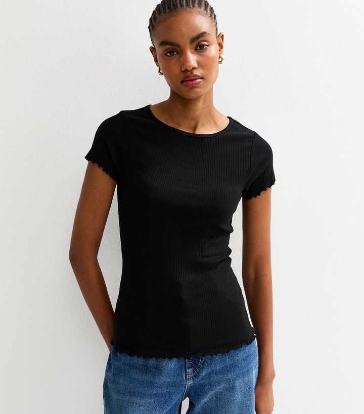 Tall Black Ribbed Jersey Lettuce Trim Tee