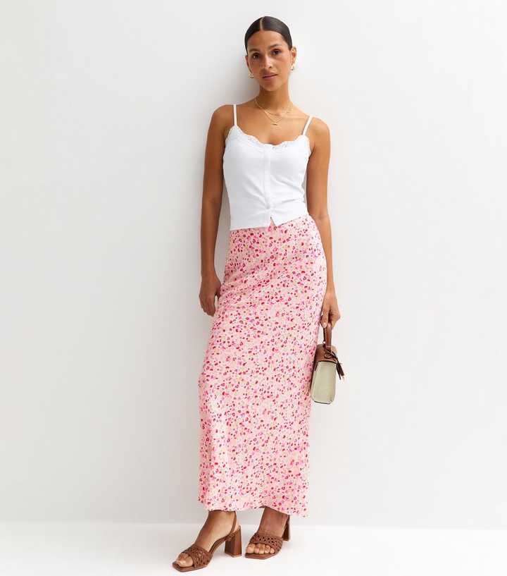 Pink Floral Fruit Print Midi Skirt
