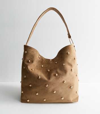 Tan Faux Suede Studded Shoulder Bag