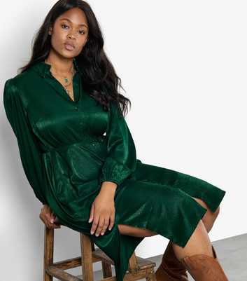 Apricot Curve Green Satin Shirt Dress