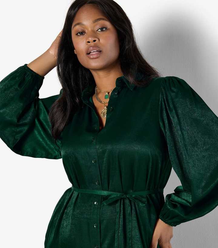 Apricot Curve Green Satin Shirt Dress | New Look