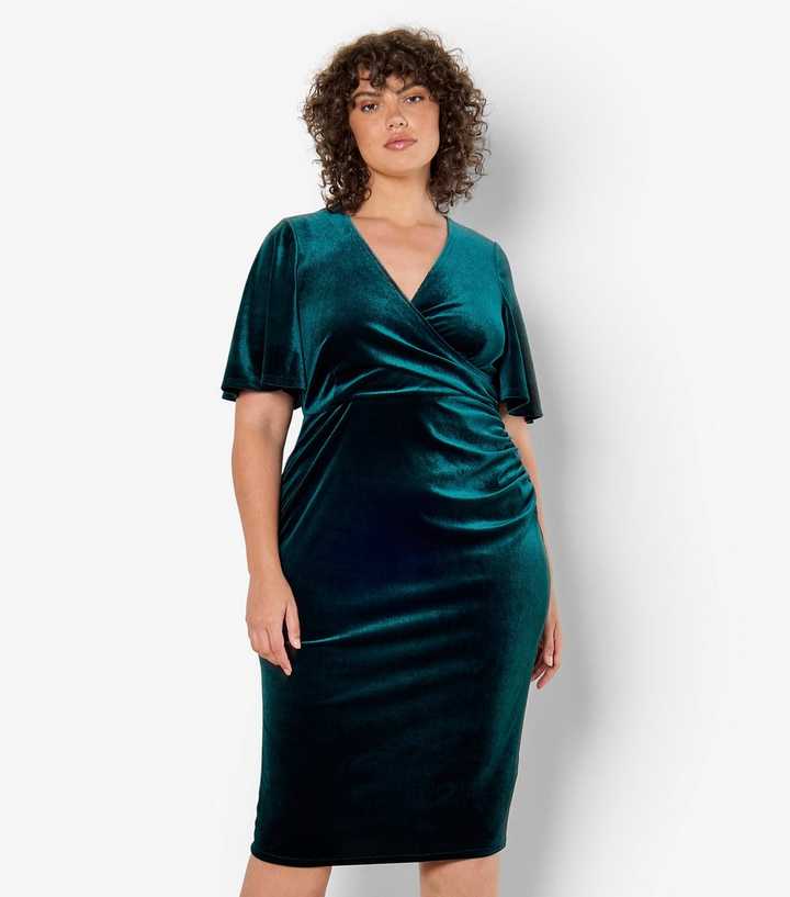 Apricot Curves Dark Green Velvet Wrap Midi Dress | New Look