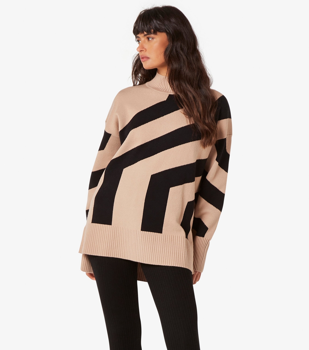 Women's Stone Oversized Geometric Stripe Jumper Apricot New Look