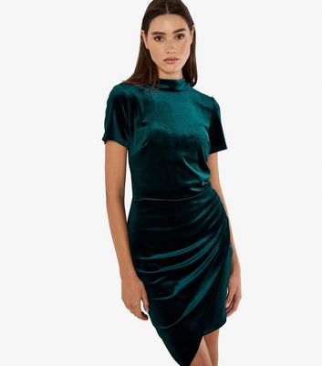 Apricot Green High Neck Draped Velvet Dress New Look