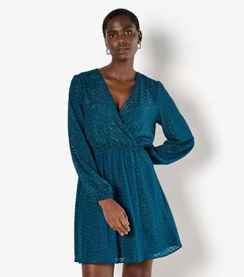 Apricot Blue Jacquard Wrap Mini Dress