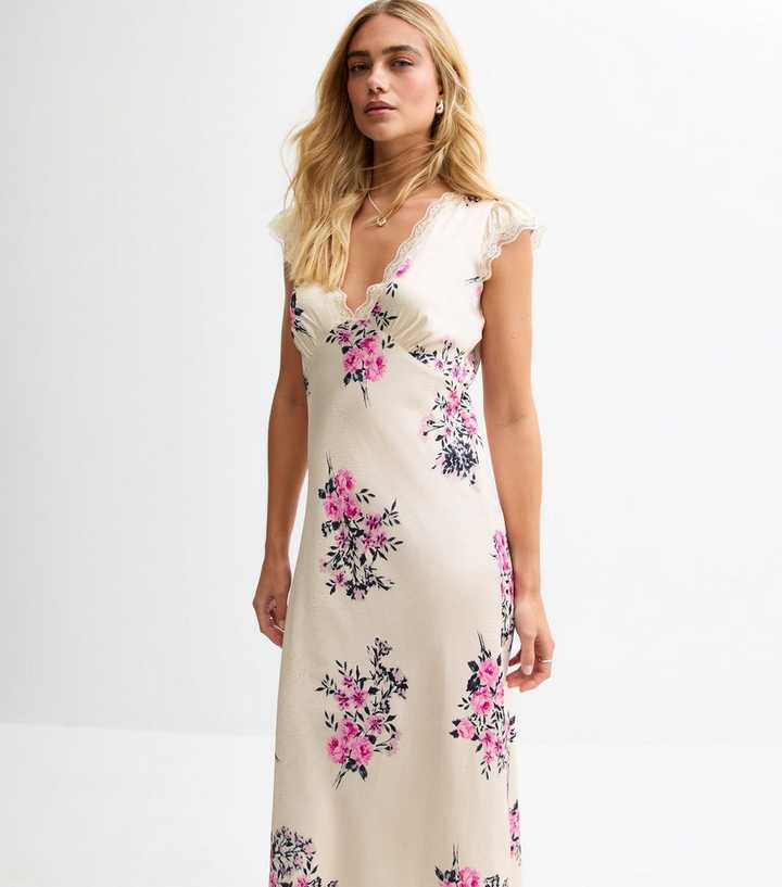 Cream Floral Print Lace Trimmed Satin Midi Dress