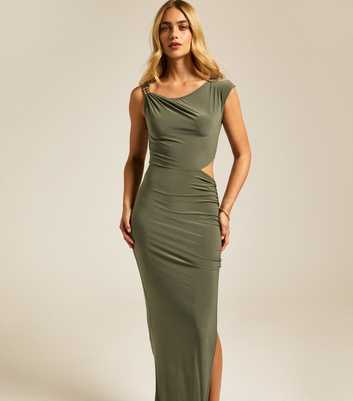 Khaki Gold Trim Cut Out Jersey Midi Dress