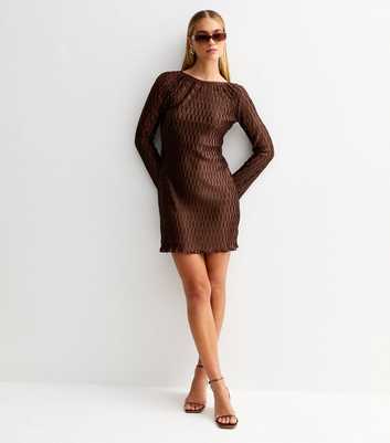 Brown Plisse Tie Back Long Sleeve Mini Dress