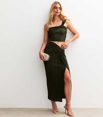Khaki Plisse Knotted Midi Skirt