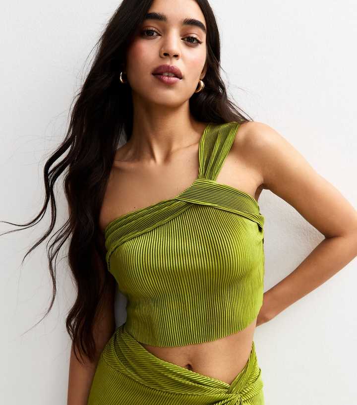 Light Green Intertwined One Shoulder Plisse Top