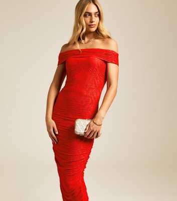 Bright Red Textured Bardot Midi Dress