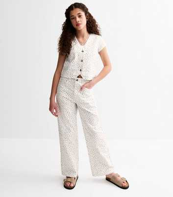 Girls Off White Daisy Print Wide Leg Jeans